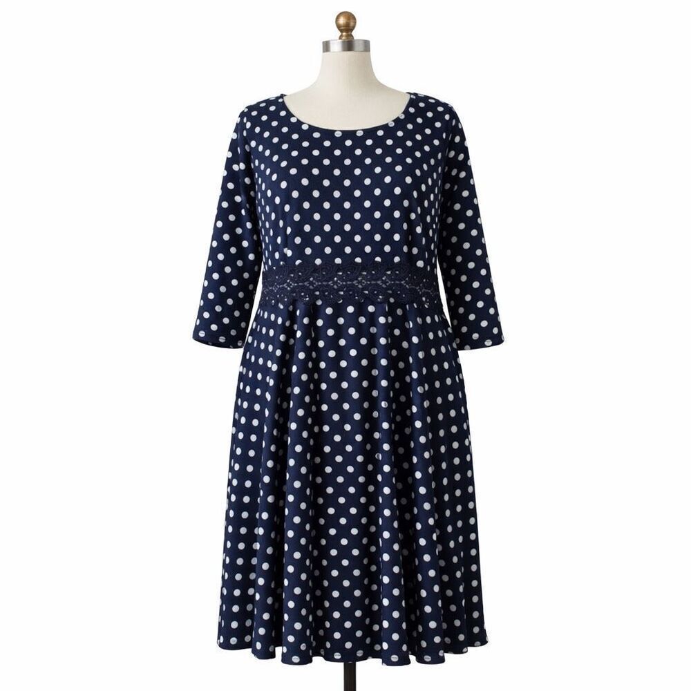 NEMIDOR Polka Dot Dress Size 18 Navy Midi Lace Waist Cottagecore Retro Plus Chic